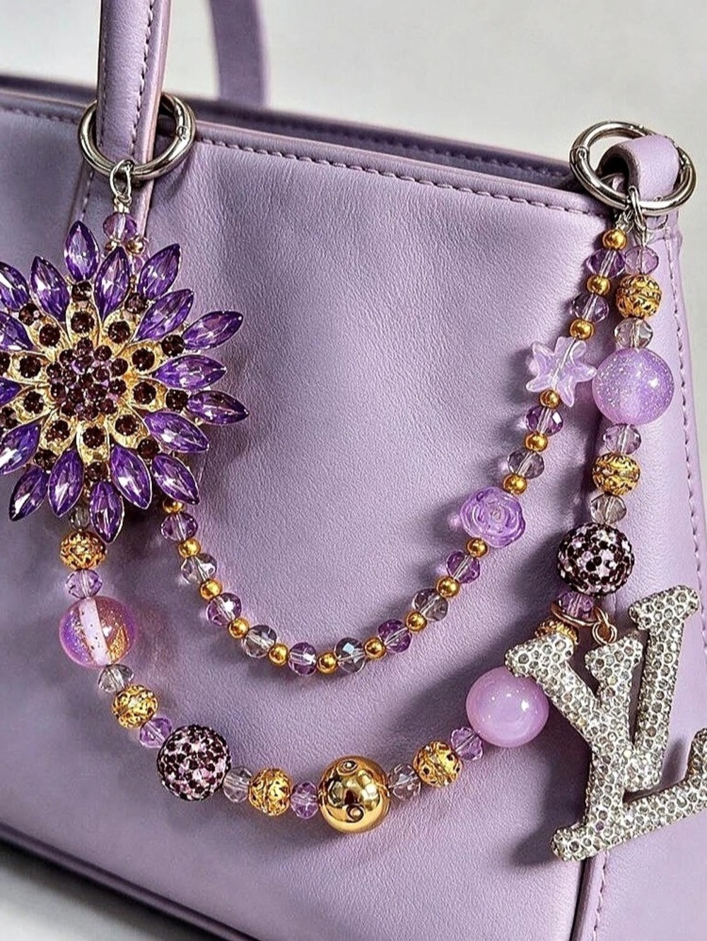 Purple Beaded Phone Strap Charm • Jeweled Flower & Sparkling Accents